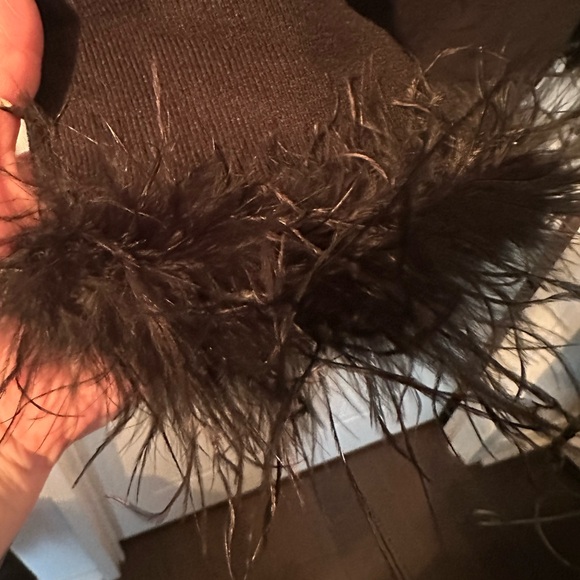 Sioni Black Crew Neck Sweater with Scoop Neckline and Feather Trim Cuffs - Picture 3 of 5